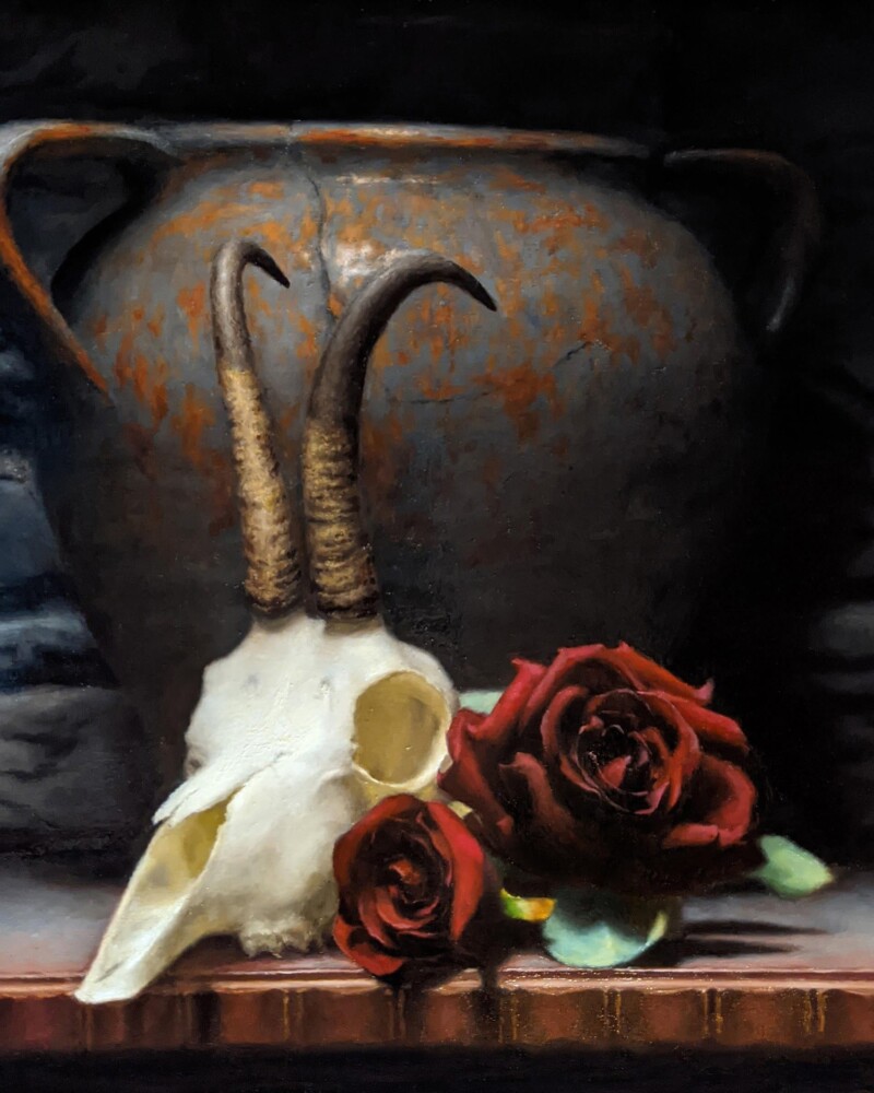 Still Life with Skull and Roses - Oil on Canvas - 40 x 37 cm